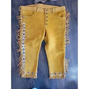 Cherokee Hand Made Beaded Buckskin Leather Pants Fringe Vintage
